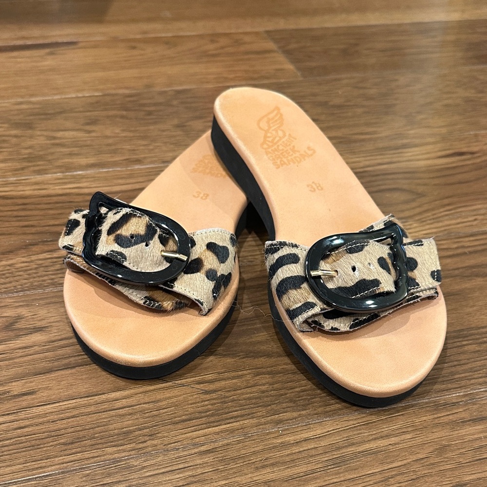Ancient Greek Sandals -Leopard Print Slide Sandals with Black Buckles 38
